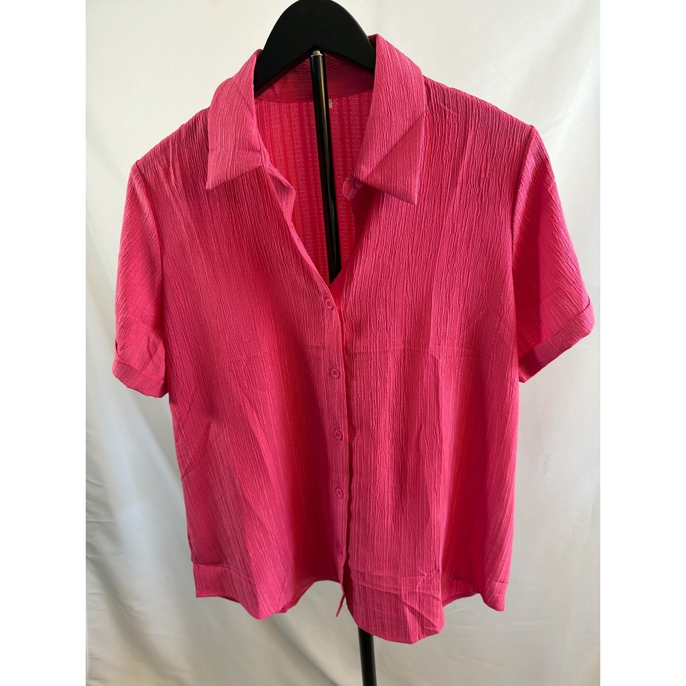 Hot Pink Crinkle Textured Short Sleeve Button Down Shirt Women Medium